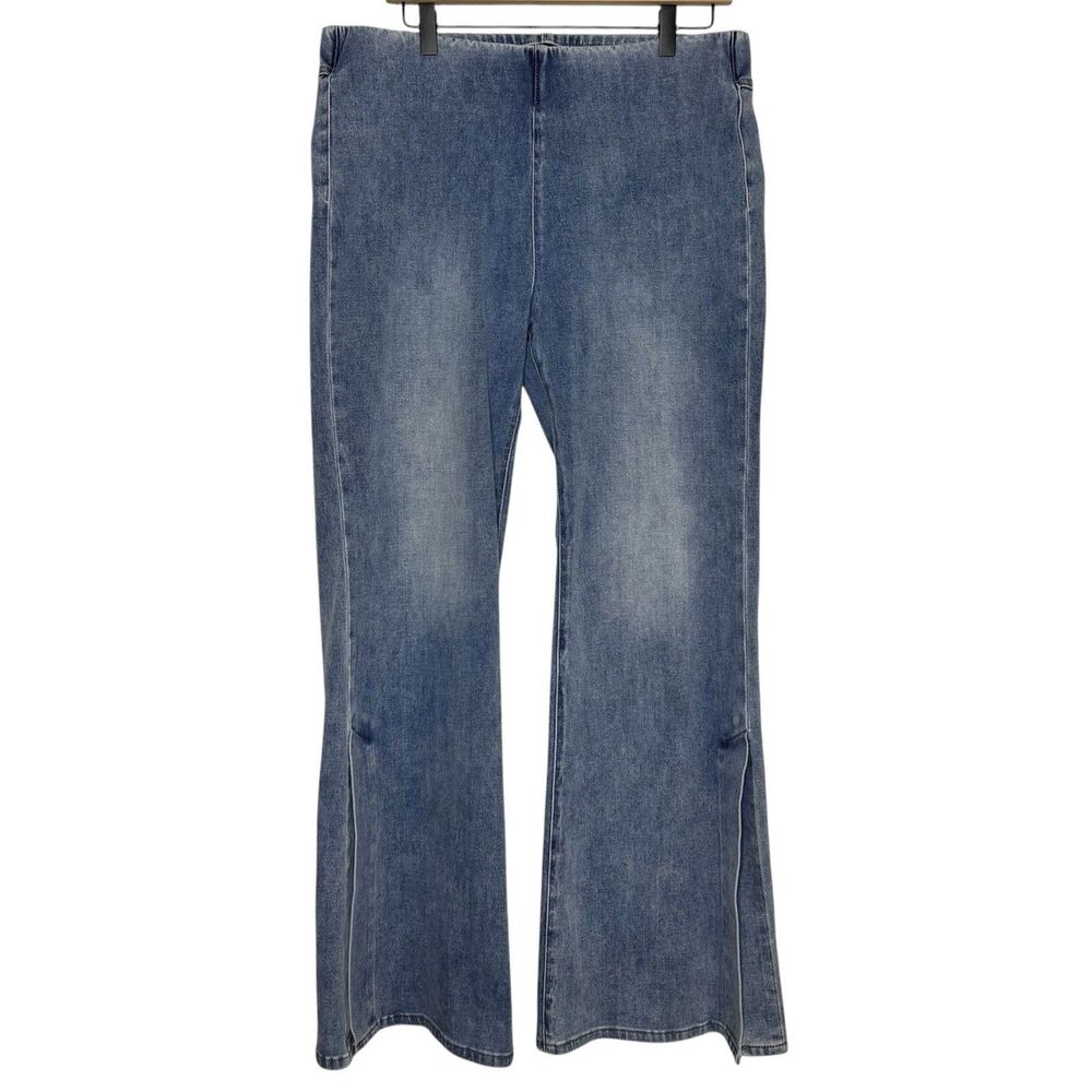 Soft Surroundings Jeans Women’s Pull On Size LARGE Flare Split Hem Stretch Denim
